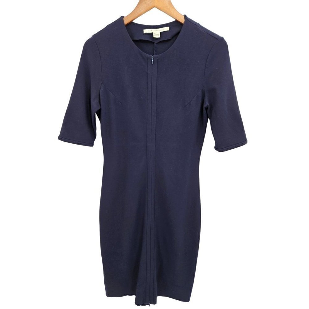 DVF Diane Von Furstenberg Career Midi Dress 6 Stretch Half Sleeve Blue Zippers